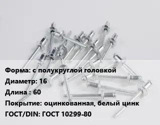 Заклепка с полукруглой головкой 16х60 оцинкованная, белый цинк ГОСТ: ГОСТ 10299-80